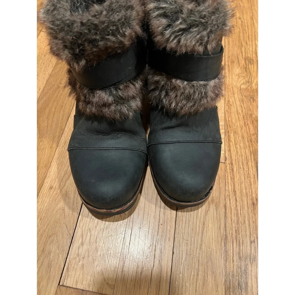 Sorel Joan of Arctic Wedge II Boots Black Leather Faux Fur Ankle Boot Excellent‎